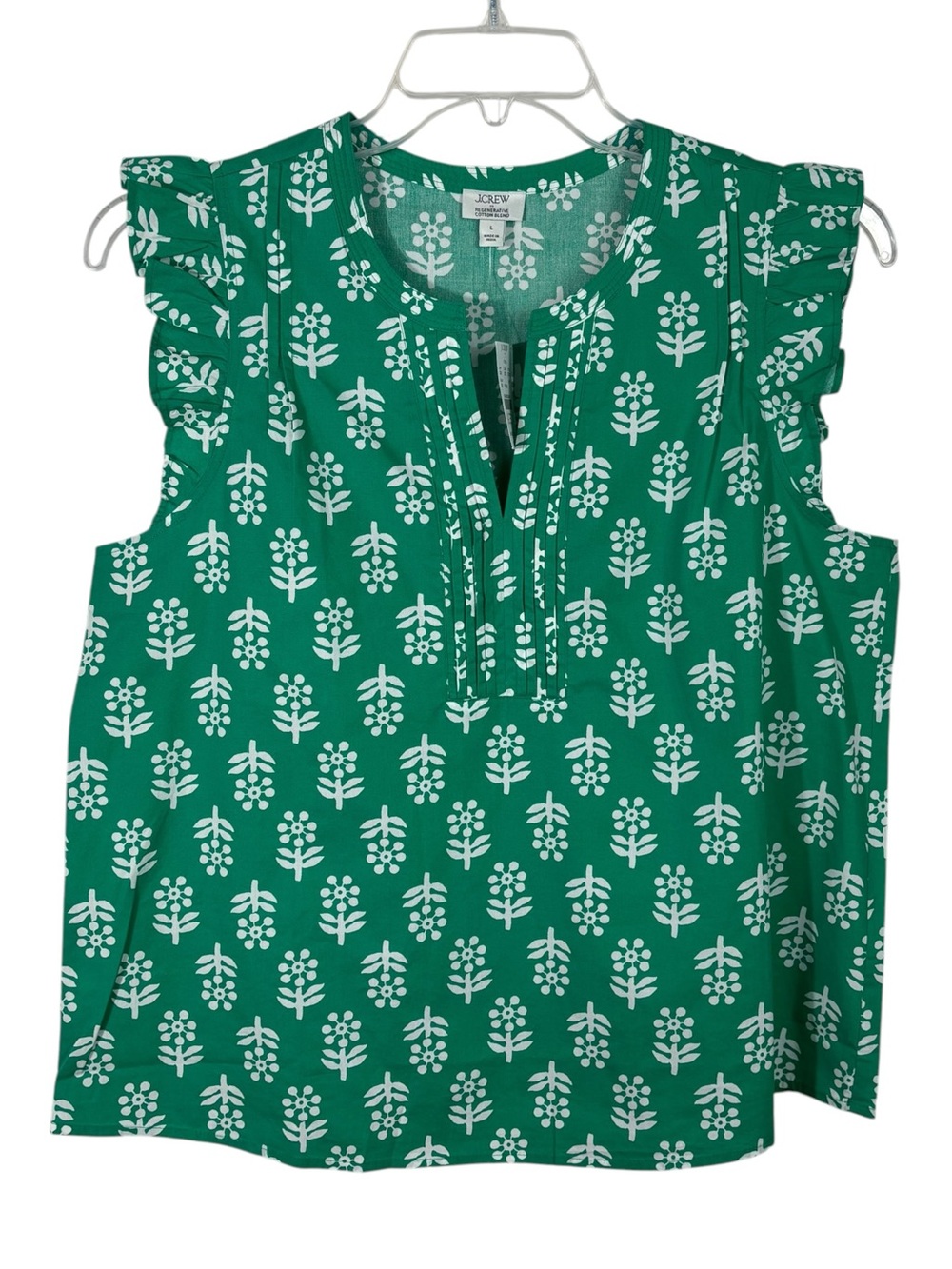 J.Crew Factory Regenerative Cotton Blend Green White Ruffle Sleeve Blouse NWT L